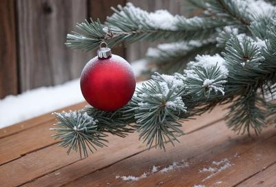 The primary subject of the image is a red ornament hanging from a tree. The setting is a snowy environment, with the ornament being the main focus of the scene. The visual style is a photo, capturing the ornament in its natural surroundings. The dominant colors are red and white, creating a festive and warm atmosphere.